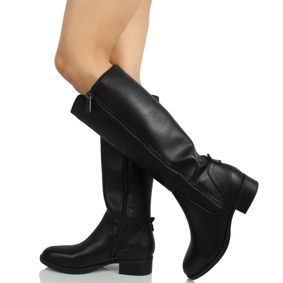 Shoes - Black Faux Leather Knee High Low Block Heel